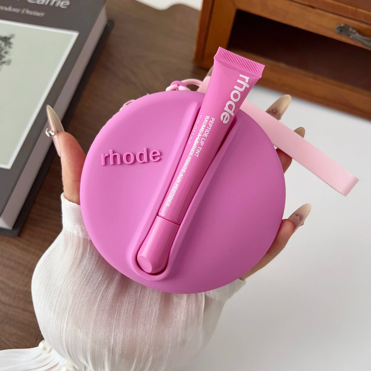 Original Rhode Lipstick Holder Shell Lipstick Cosmetic Bag Headphone Case Portable Mirror Storage Bag Wrist Strap Gift Packet