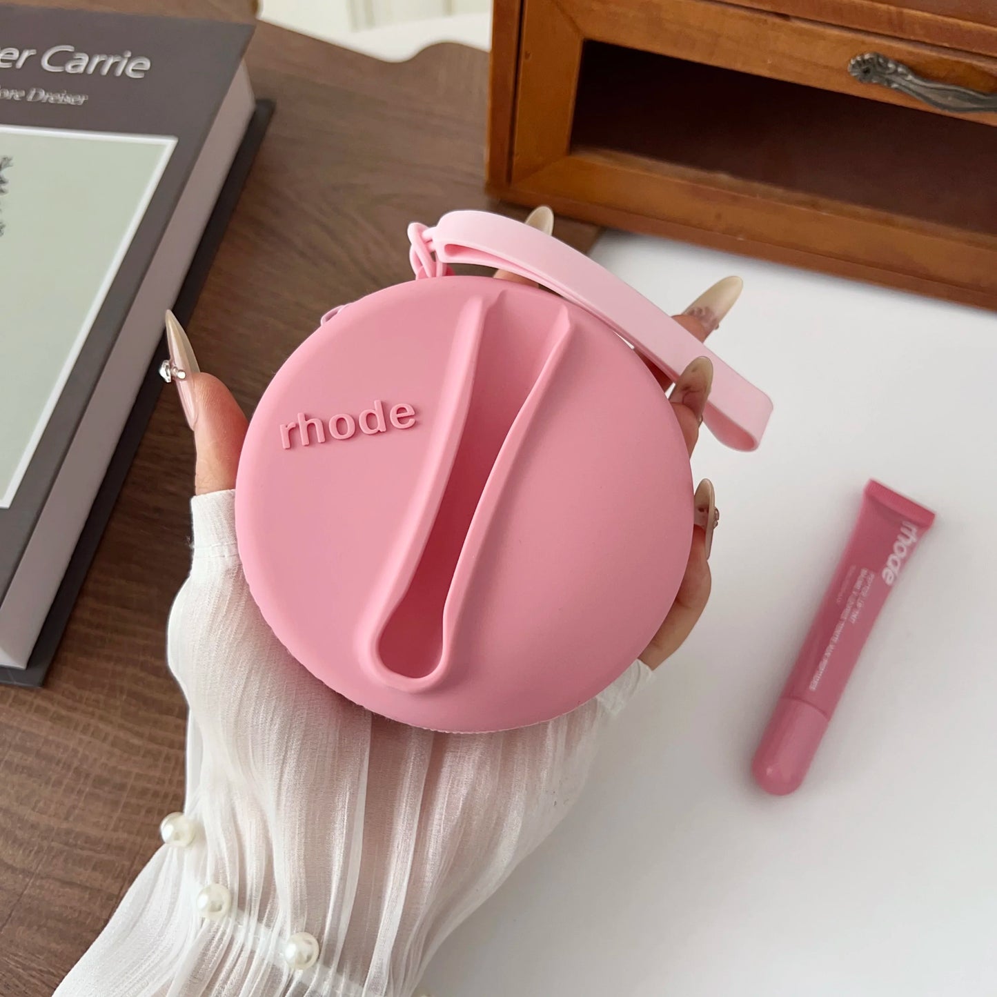 Original Rhode Lipstick Holder Shell Lipstick Cosmetic Bag Headphone Case Portable Mirror Storage Bag Wrist Strap Gift Packet