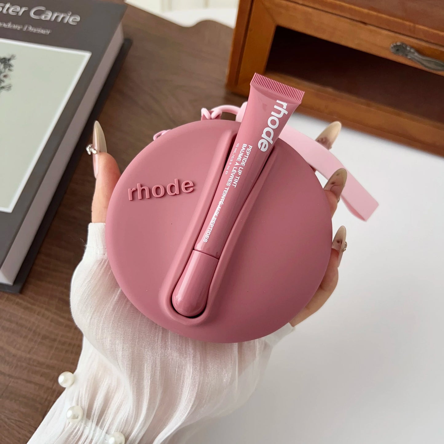 Original Rhode Lipstick Holder Shell Lipstick Cosmetic Bag Headphone Case Portable Mirror Storage Bag Wrist Strap Gift Packet