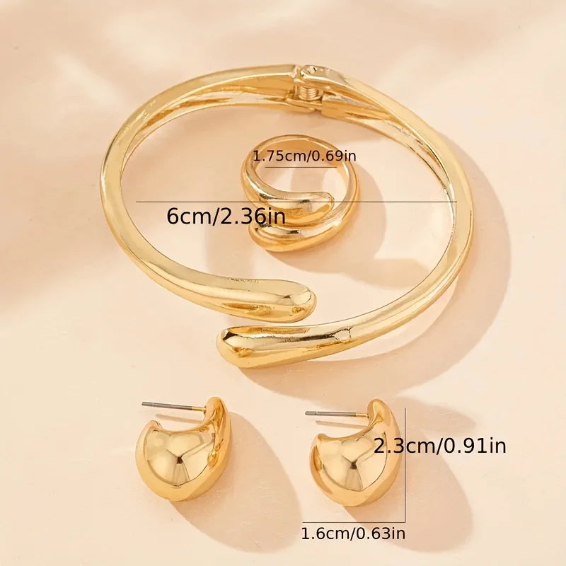 Punk Simple Water Drop Shaped Open Spring Bracelet Women's Fashion Smooth Water Drop Ring Earring Bangle Set Versatile Jewelry