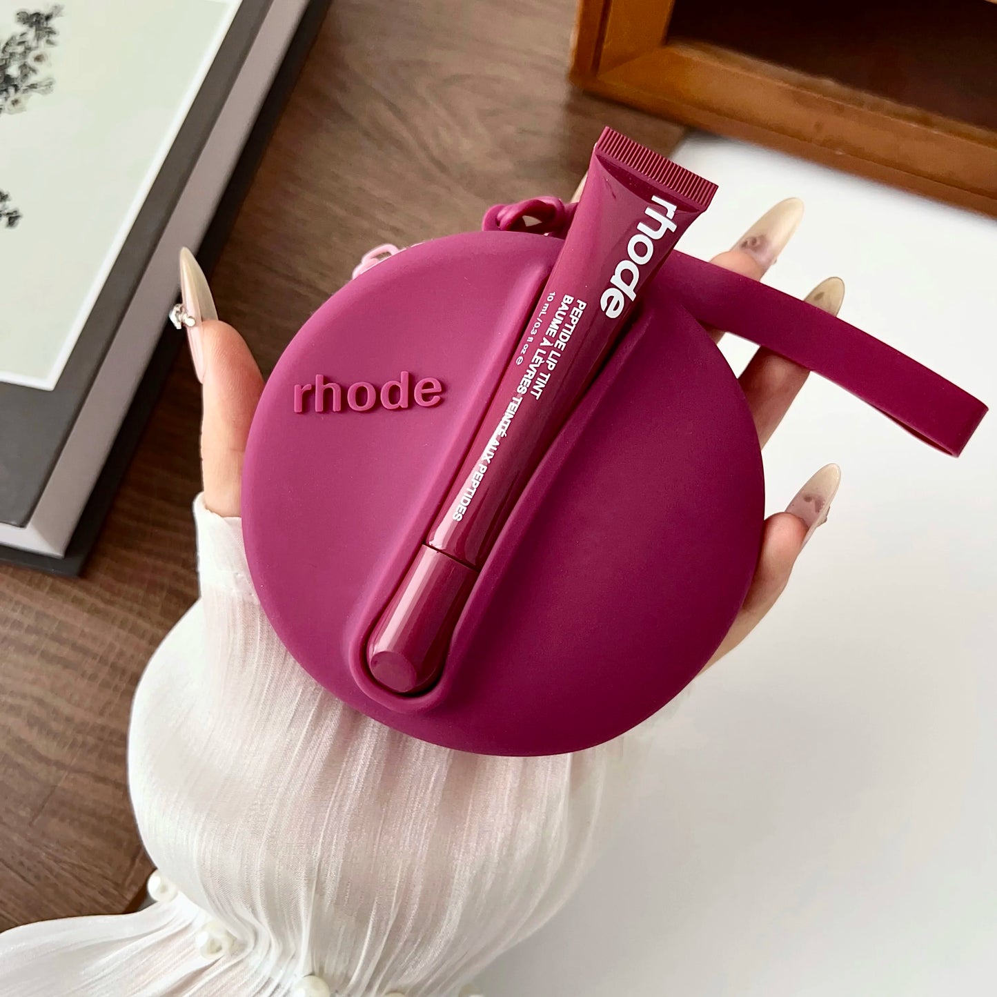 Original Rhode Lipstick Holder Shell Lipstick Cosmetic Bag Headphone Case Portable Mirror Storage Bag Wrist Strap Gift Packet