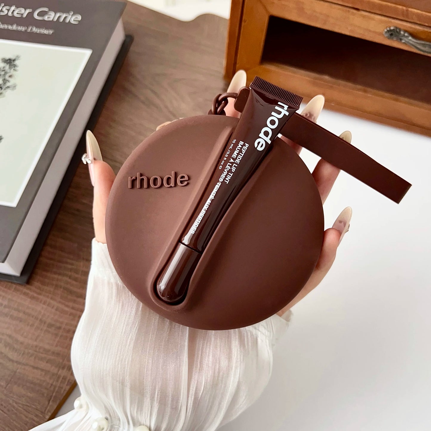Original Rhode Lipstick Holder Shell Lipstick Cosmetic Bag Headphone Case Portable Mirror Storage Bag Wrist Strap Gift Packet