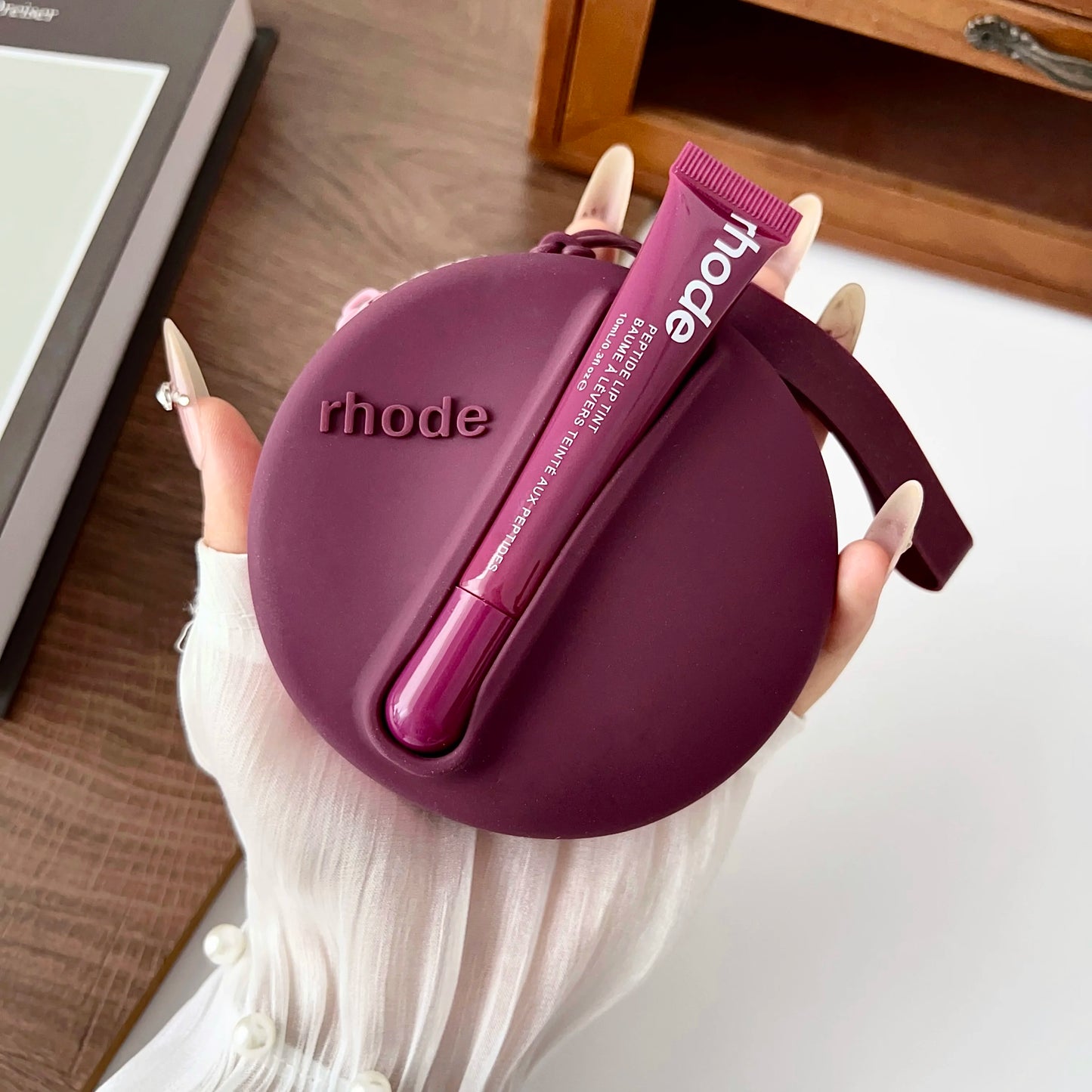 Original Rhode Lipstick Holder Shell Lipstick Cosmetic Bag Headphone Case Portable Mirror Storage Bag Wrist Strap Gift Packet