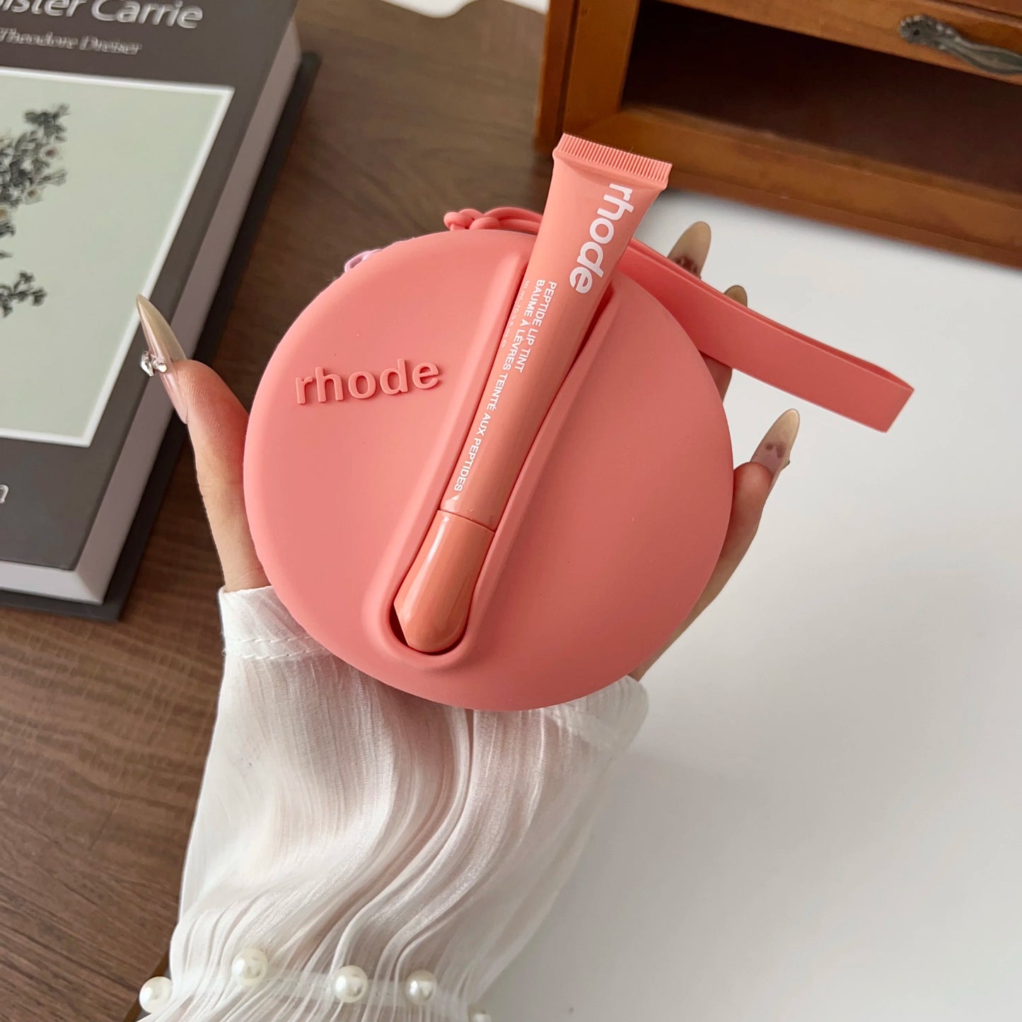 Original Rhode Lipstick Holder Shell Lipstick Cosmetic Bag Headphone Case Portable Mirror Storage Bag Wrist Strap Gift Packet
