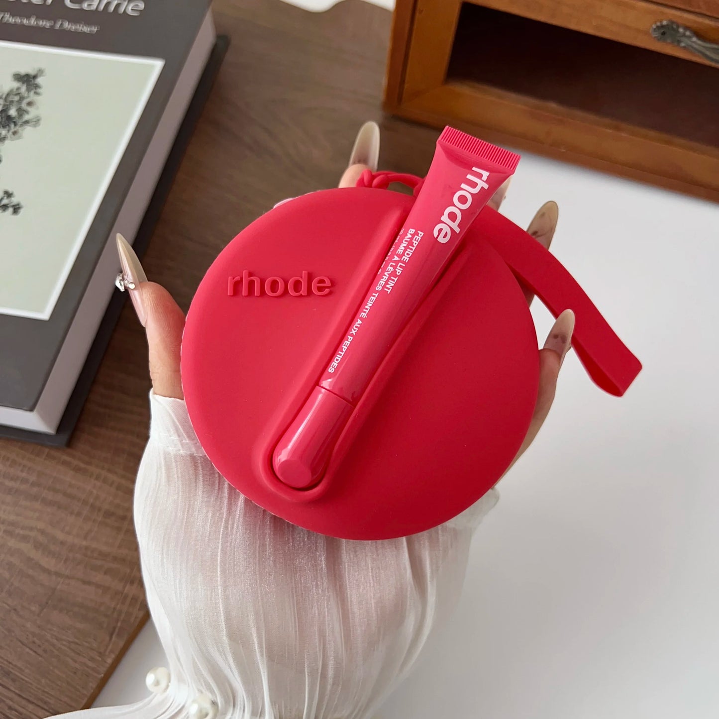 Original Rhode Lipstick Holder Shell Lipstick Cosmetic Bag Headphone Case Portable Mirror Storage Bag Wrist Strap Gift Packet