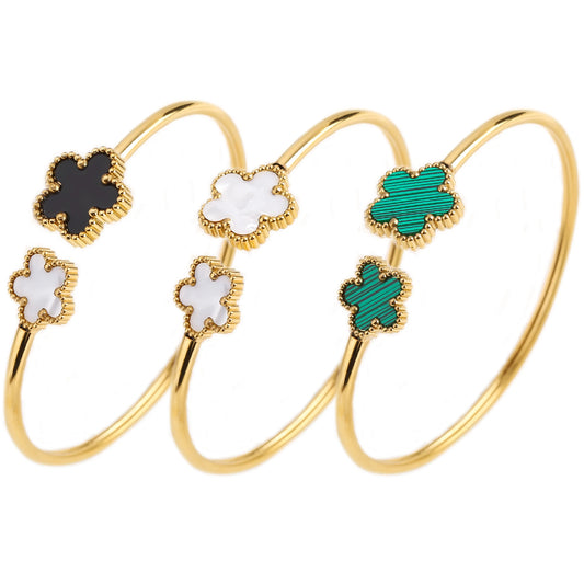 Gold-Plated Stainless Steel Five-Leaf Flower Open Bangle Luxury For Woman Girl Party Lucky Jewelry Accessories Daily Wear Clover