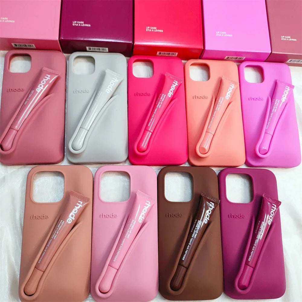 fcvae Rhode New Color INS Lipstick Silicone DIY Phone Case For iPhone 16 15 14 13 12 11 Pro Max Plus With Lip Gloss Set Back Cov