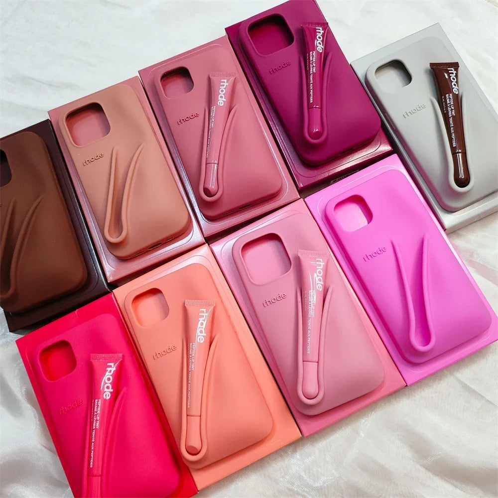fcvae Rhode New Color INS Lipstick Silicone DIY Phone Case For iPhone 16 15 14 13 12 11 Pro Max Plus With Lip Gloss Set Back Cov